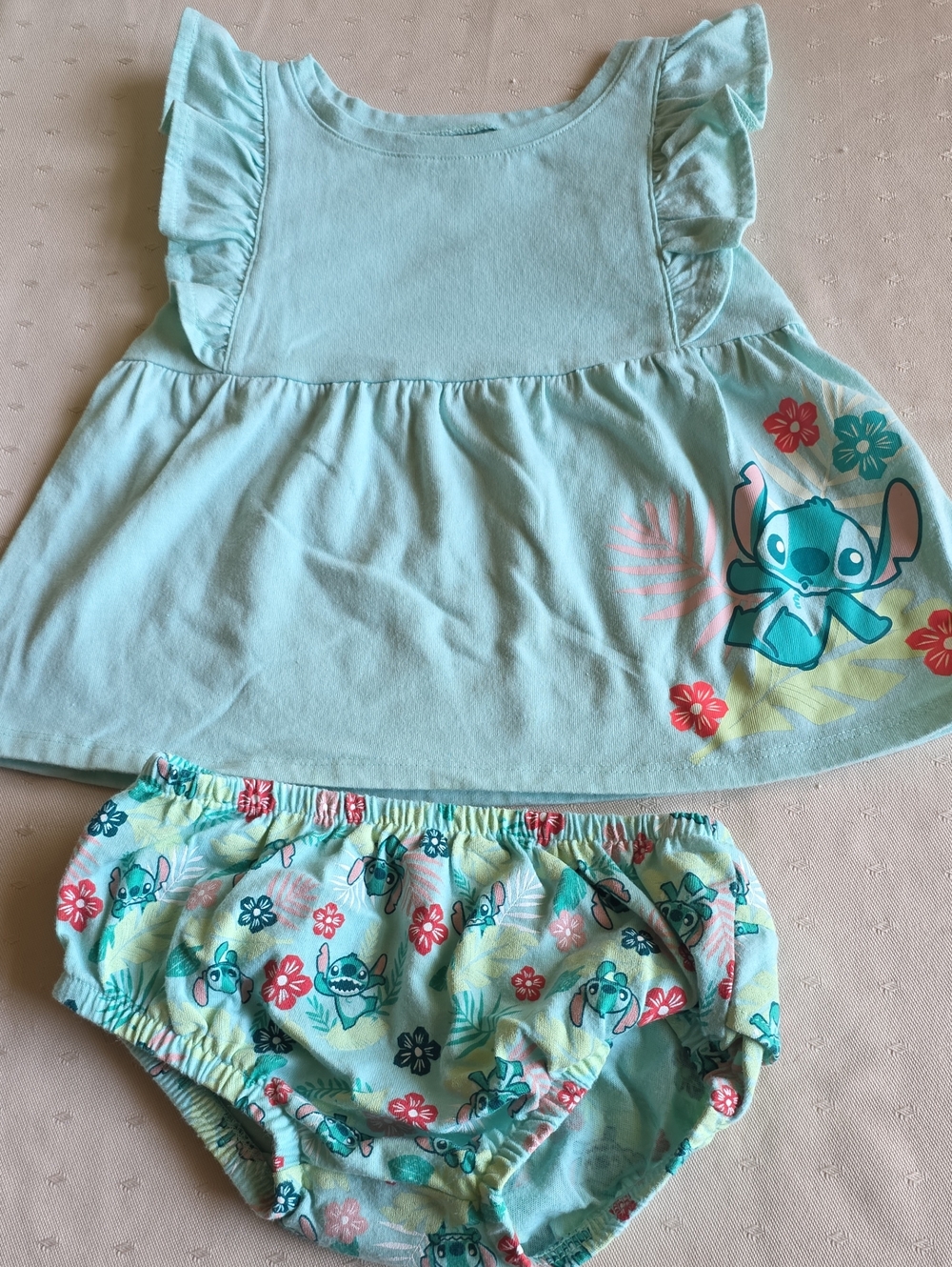 jumping beans Aqua Ruffle Top & Bloomers Set with Stitch Print